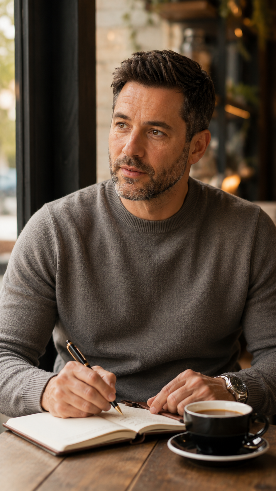 Sebastian Reed writing in a warm author studio